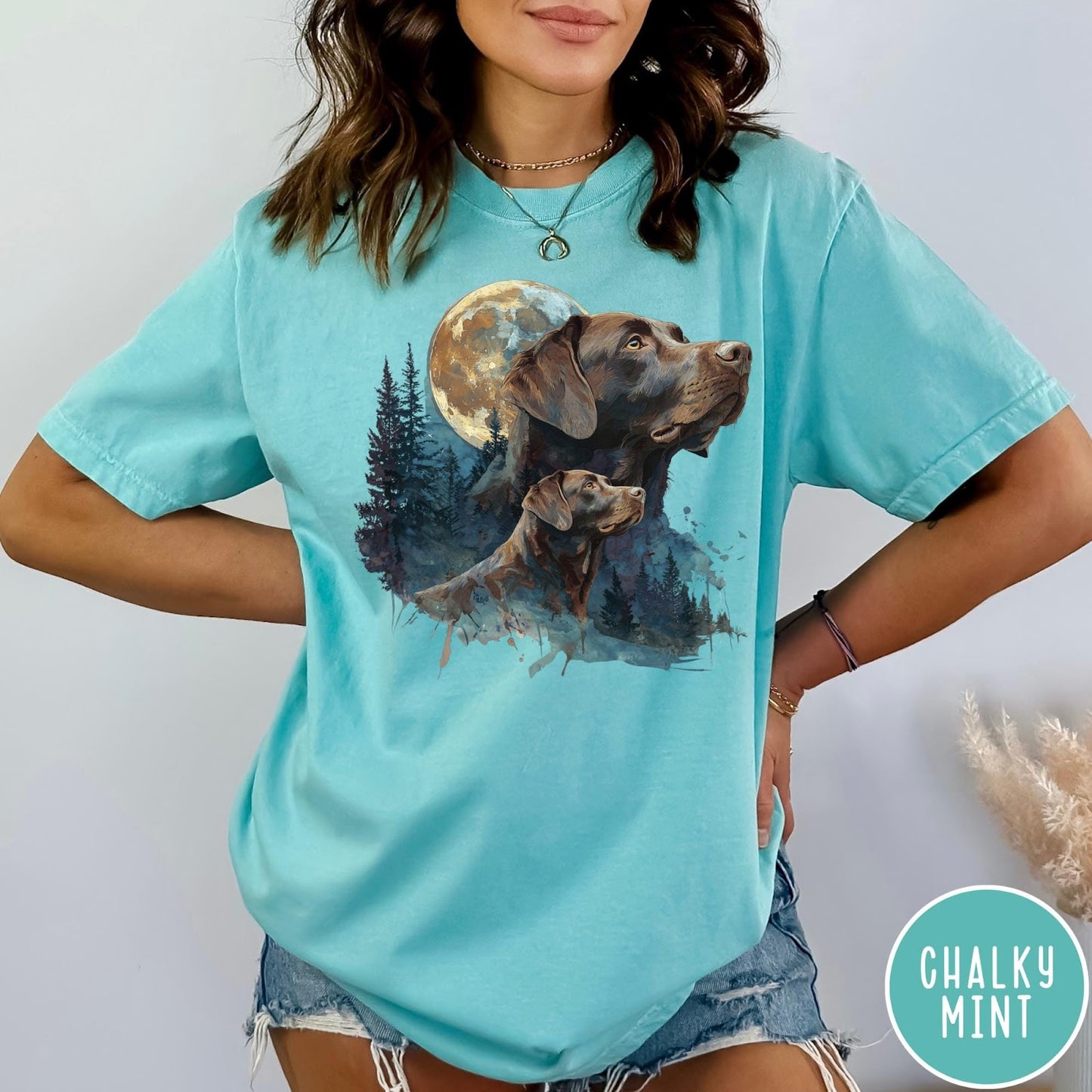 Comfort Colors tee in Chalky Mint featuring vintage style graphic of two Chocolate Labradors under a full moon