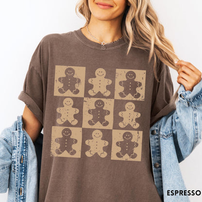 Comfort Colors tee in Espresso featuring grid style graphic with nine alternating light and dark gingerbread cookie icons