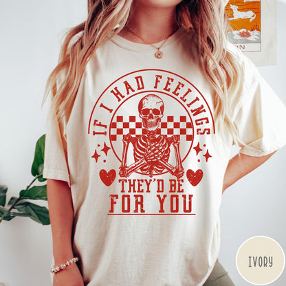 Comfort Colors tee in Ivory featuring skeleton graphic with checkered circle and If I Had Feelings text