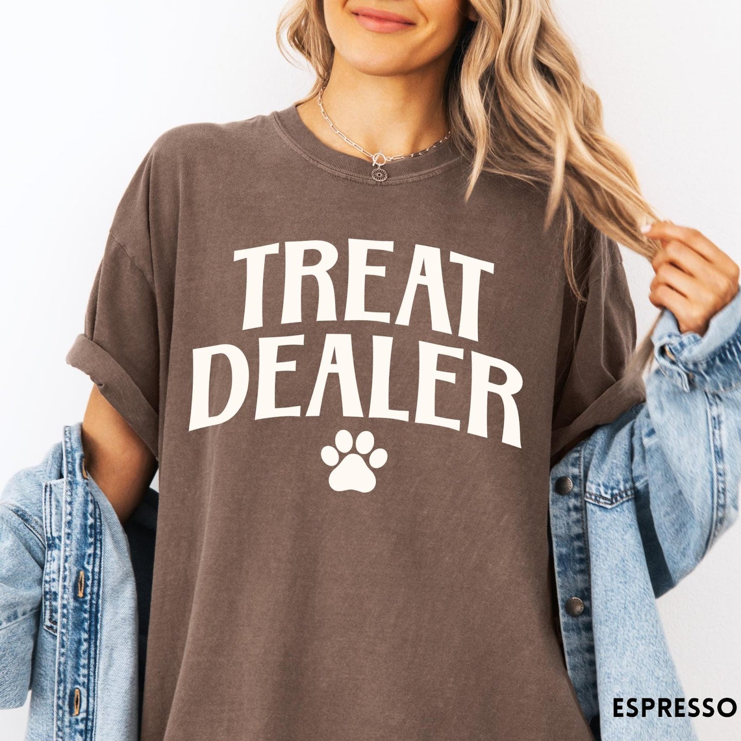 Comfort Colors tee in Espresso featuring dog owner design with Treat Dealer text and a paw print