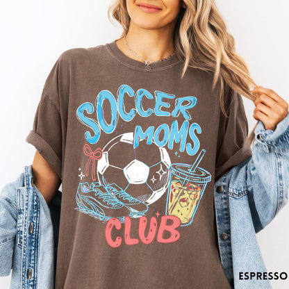 Comfort Colors tee in Espresso featuring soccer mom lifestyle graphic with soccer ball, cleats, and iced coffee