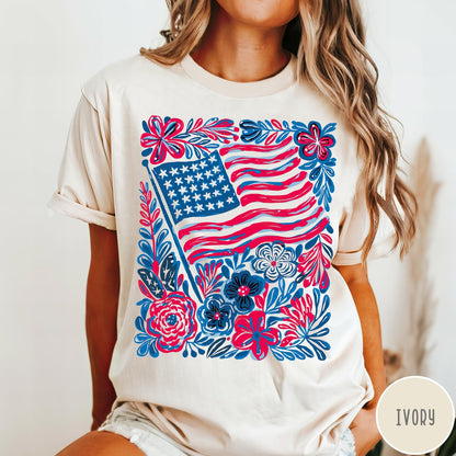 Comfort Colors tee in Ivory featuring boho style American flag and floral graphic design