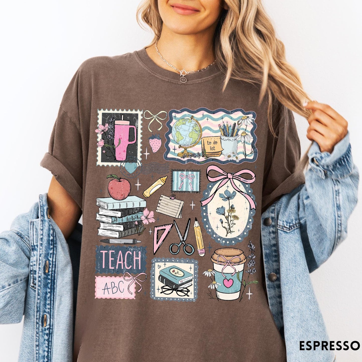 Comfort Colors tee in Espresso featuring collage style graphic with school supplies and teacher life themed illustrations