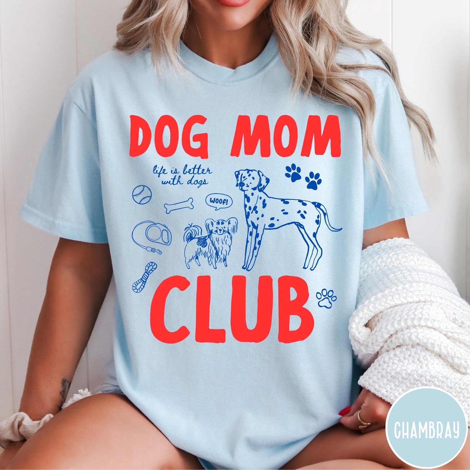 Comfort Colors tee in Chambray featuring playful dog-themed graphic with Dalmatian and text Dog Mom Club