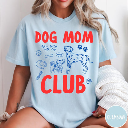 Comfort Colors tee in Chambray featuring playful dog-themed graphic with Dalmatian and text Dog Mom Club