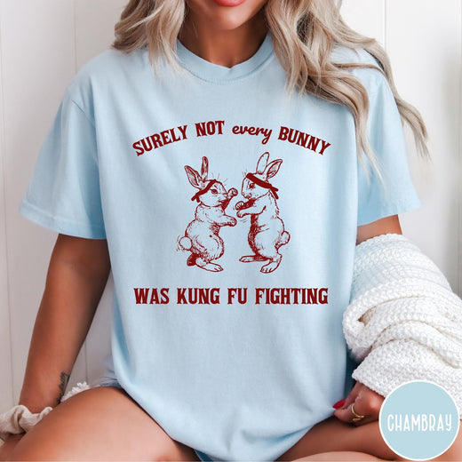 Comfort Colors tee in Chambray featuring vintage style graphic of two rabbits wearing headbands kung fu fighting
