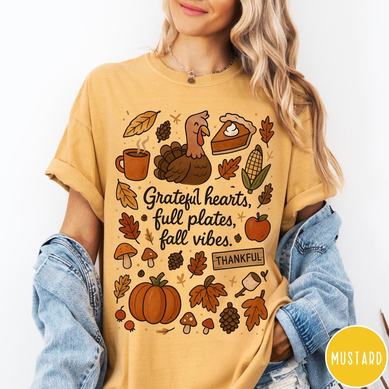 Comfort Colors tee in Mustard featuring fall design style with turkey, pumpkin, pie, and autumn harvest elements