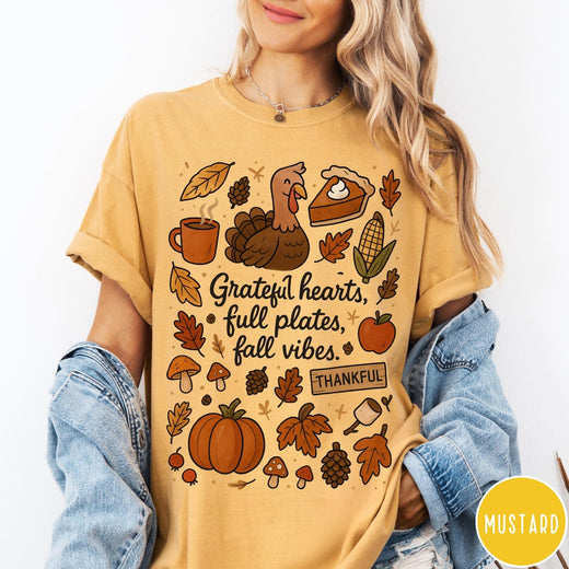 Comfort Colors tee in Mustard featuring fall design style with turkey, pumpkin, pie, and autumn harvest elements