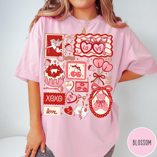 Comfort Colors tee in Blossom featuring vintage collage design with cupid, teddy bear, and Valentine's Day icons