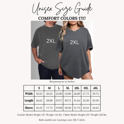 Comfort Colors tee unisex size guide showing width, length, and sleeve measurements for sizes S through 4XL