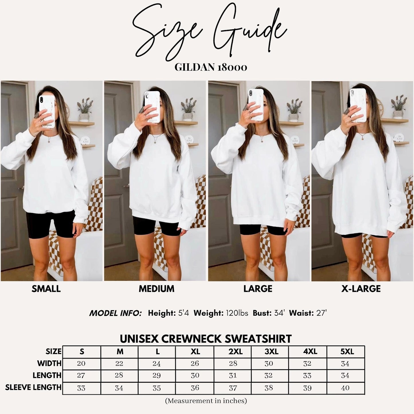 Gildan 18000 sweatshirt size chart showing measurements for sizes S through 5XL with model fit guide