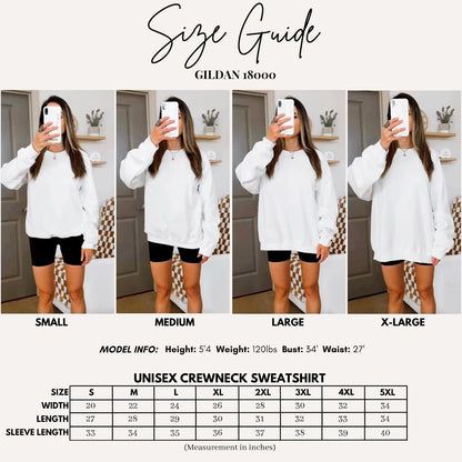 Gildan 18000 sweatshirt size chart showing measurements for sizes S through 5XL with model fit guide