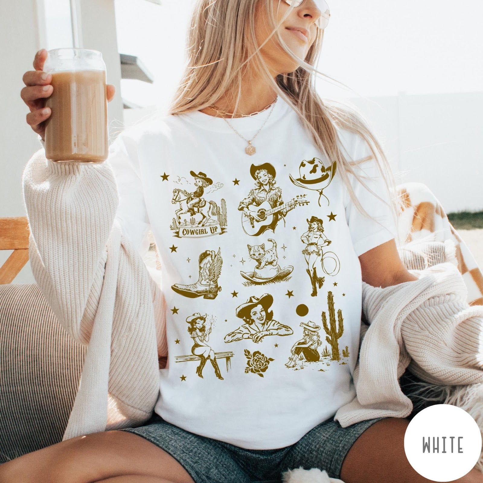 Comfort Colors tee in White featuring retro western collage graphic with cowgirls, boots, and desert elements