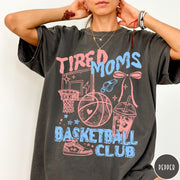Comfort Colors tee in Pepper featuring basketball mom life graphic with basketball, hoop, whistle, and drink illustration