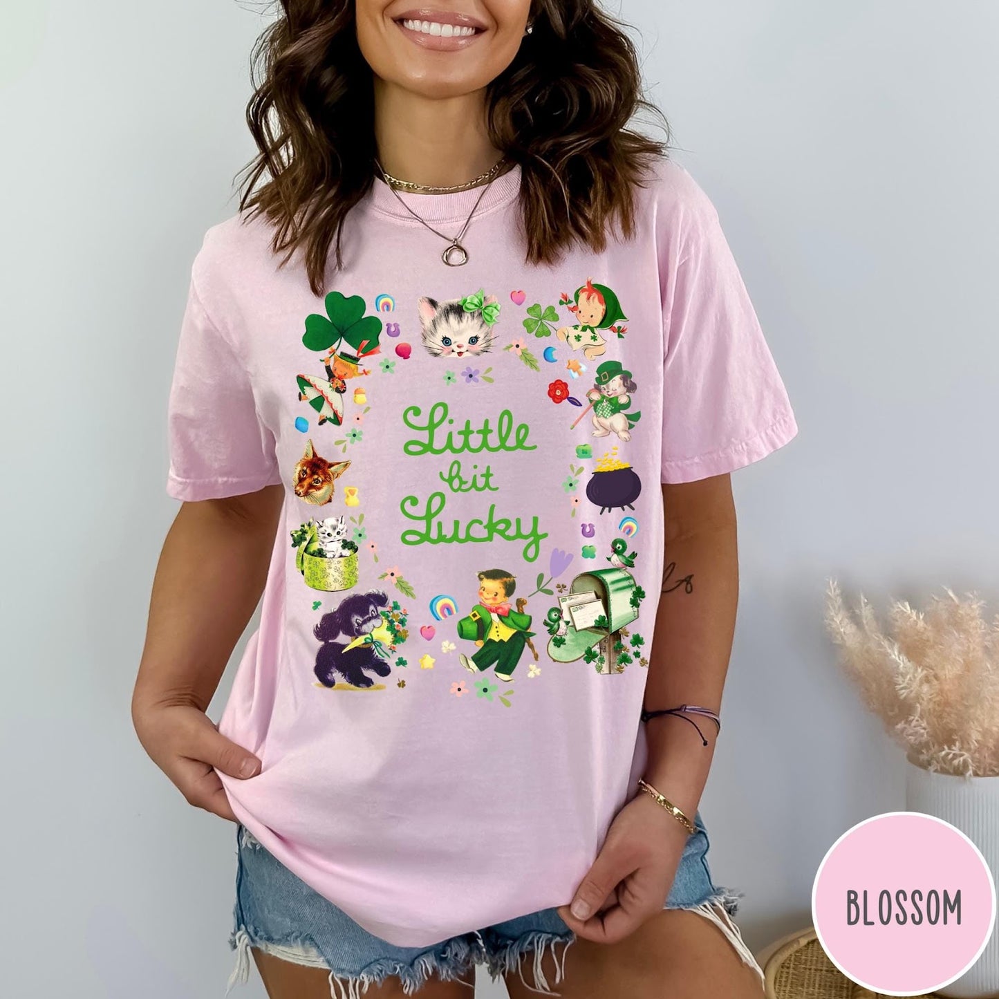 Comfort Colors tee in Blossom featuring St. Patrick's Day collage with kittens, leprechauns, and festive holiday icons