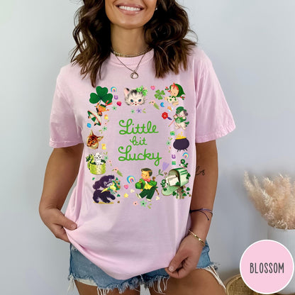 Comfort Colors tee in Blossom featuring St. Patrick's Day collage with kittens, leprechauns, and festive holiday icons