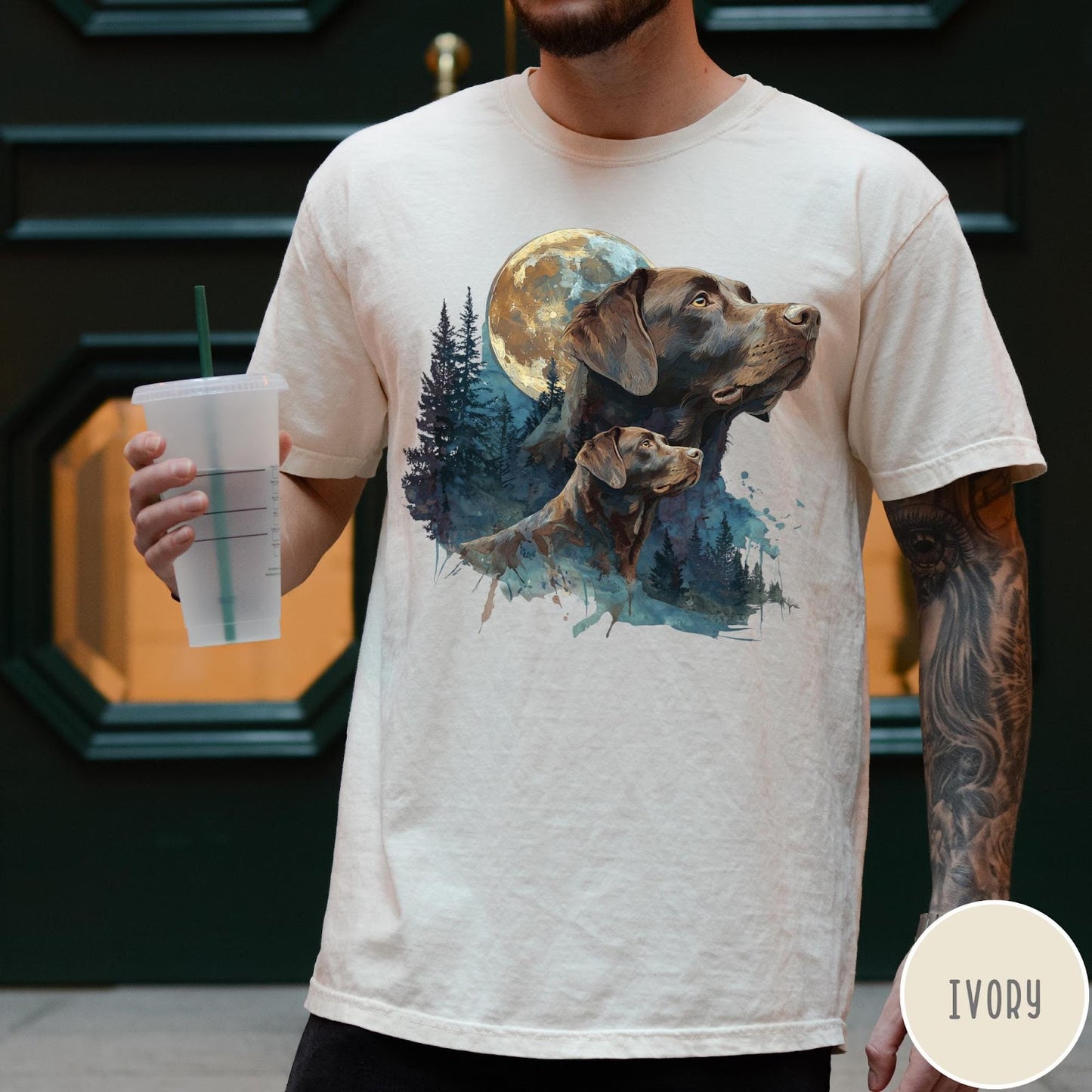 Comfort Colors tee in Ivory featuring vintage style graphic of two Chocolate Labradors under a full moon