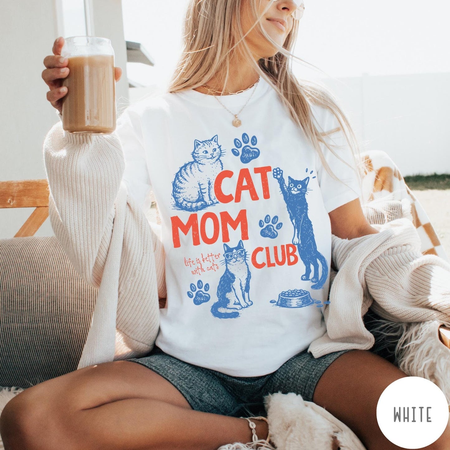 Comfort Colors tee in White featuring graphic design with cats, paw prints, and Cat Mom Club text