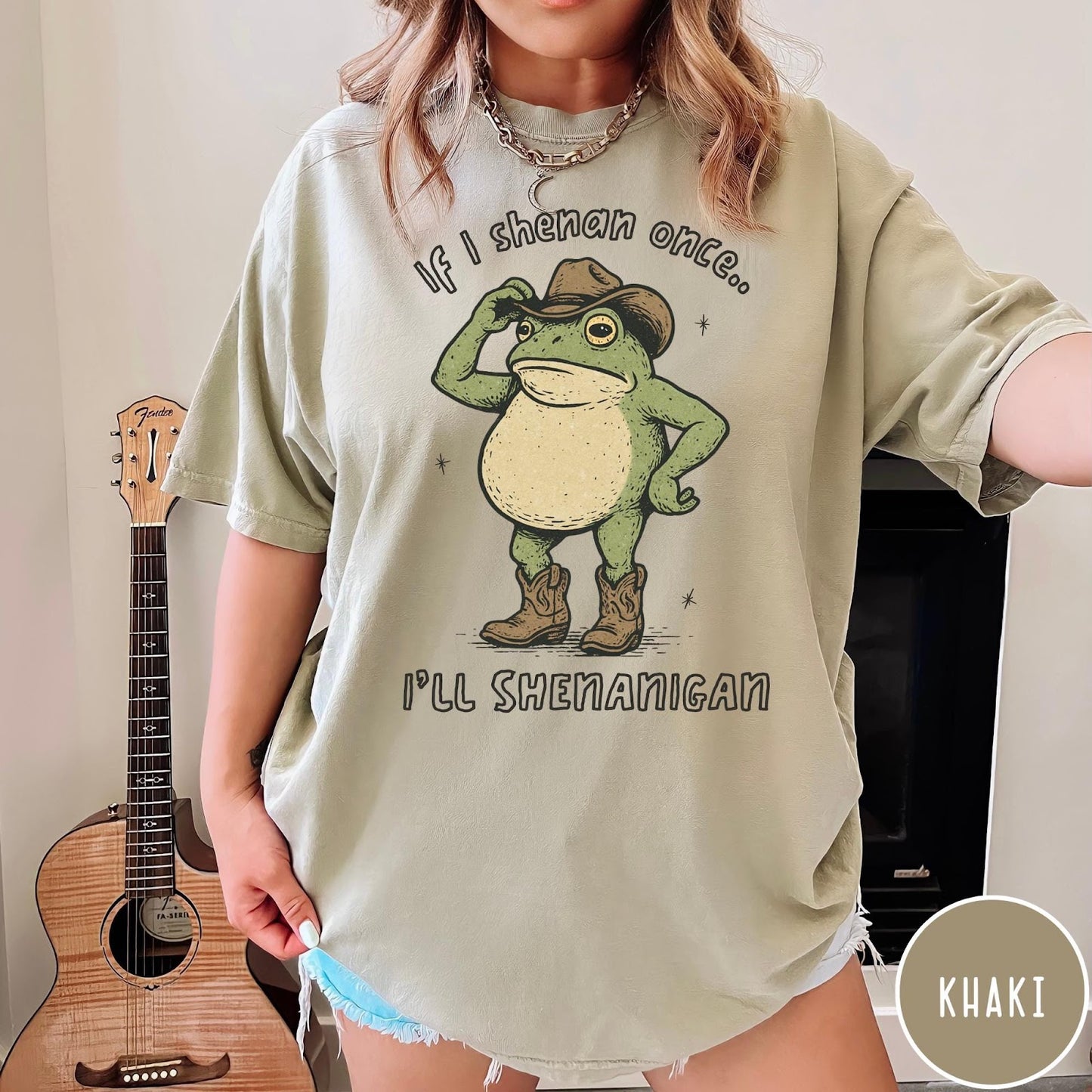 Comfort Colors tee in Khaki featuring western style graphic of a frog wearing a cowboy hat and boots