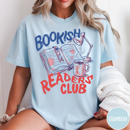 Comfort Colors tee in Chambray featuring illustrated book graphic with a lamp and a coffee mug design