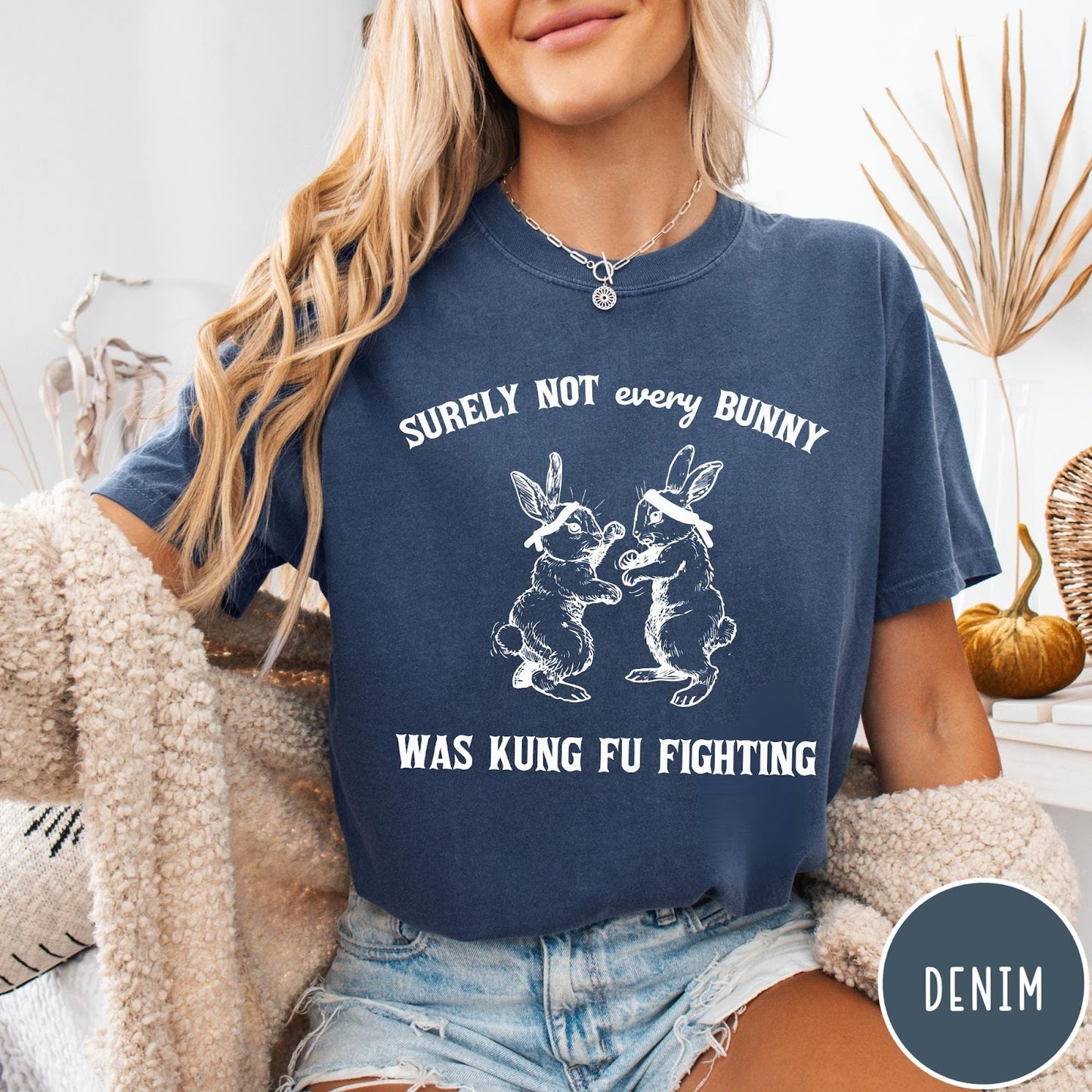Comfort Colors tee in Denim featuring vintage style graphic of two rabbits wearing headbands kung fu fighting