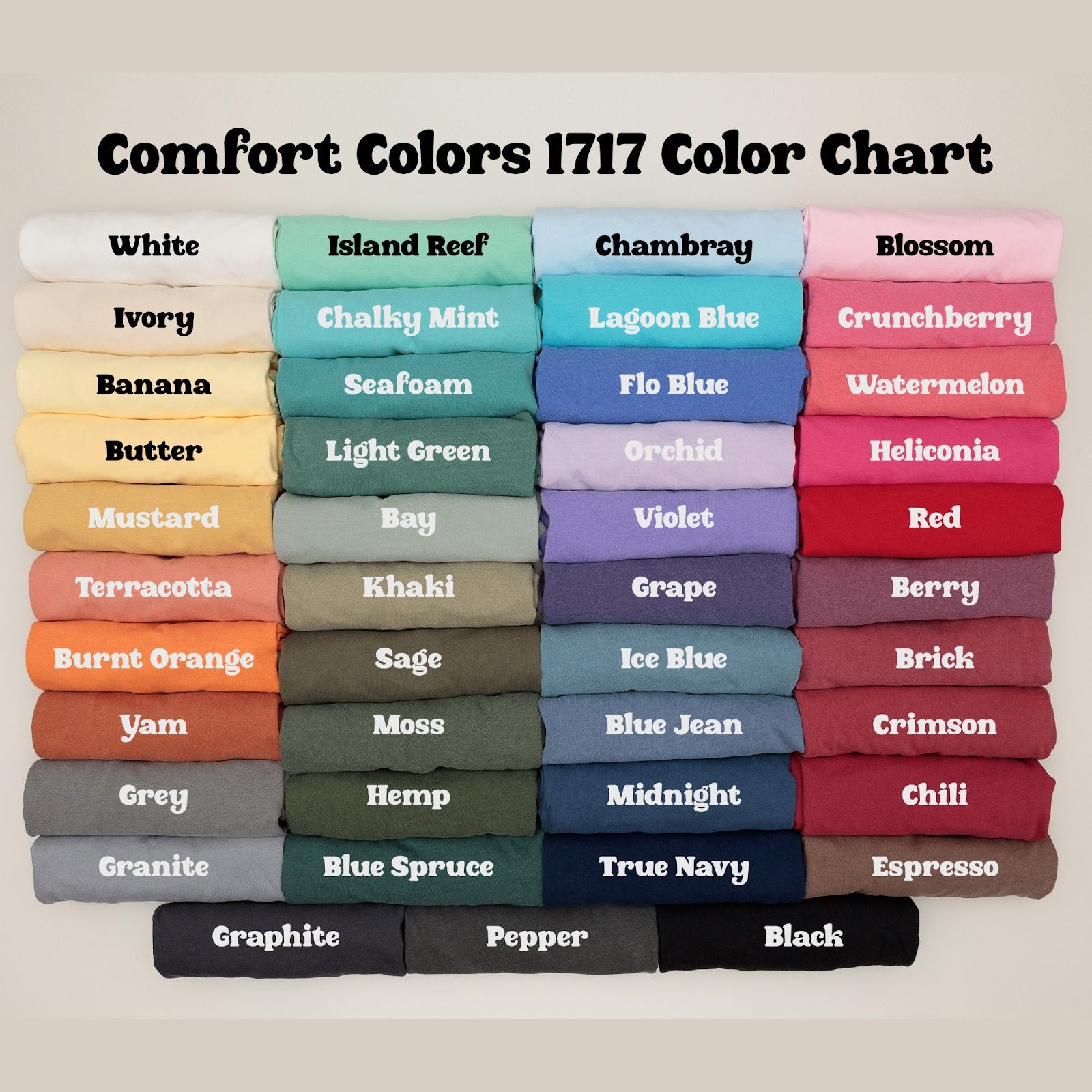 Comfort Colors tee color chart showing available garment colors for the 1717 model