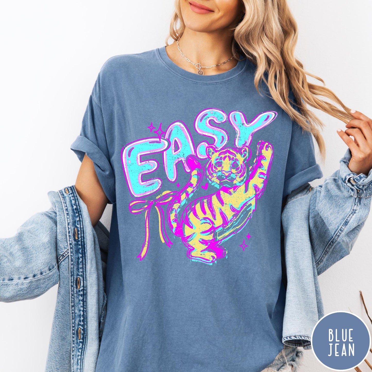 Comfort Colors tee in Blue Jean featuring retro graphic style with a tiger and the word Easy