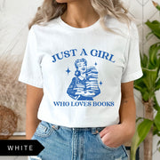 Comfort Colors tee in White featuring vintage style graphic of a girl holding a stack of books