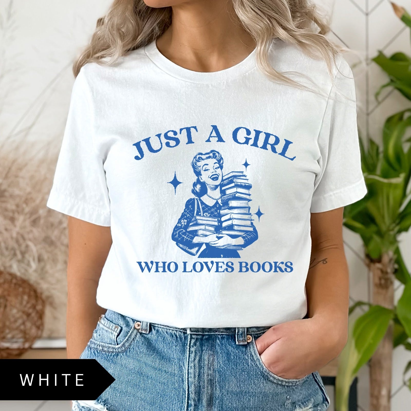 Comfort Colors tee in White featuring vintage style graphic of a girl holding a stack of books