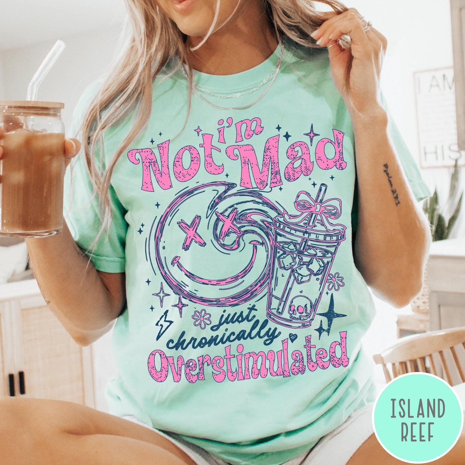 Comfort Colors tee in Island Reef featuring retro style graphic with smiley face and iced coffee cup design