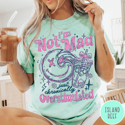 Comfort Colors tee in Island Reef featuring retro style graphic with smiley face and iced coffee cup design