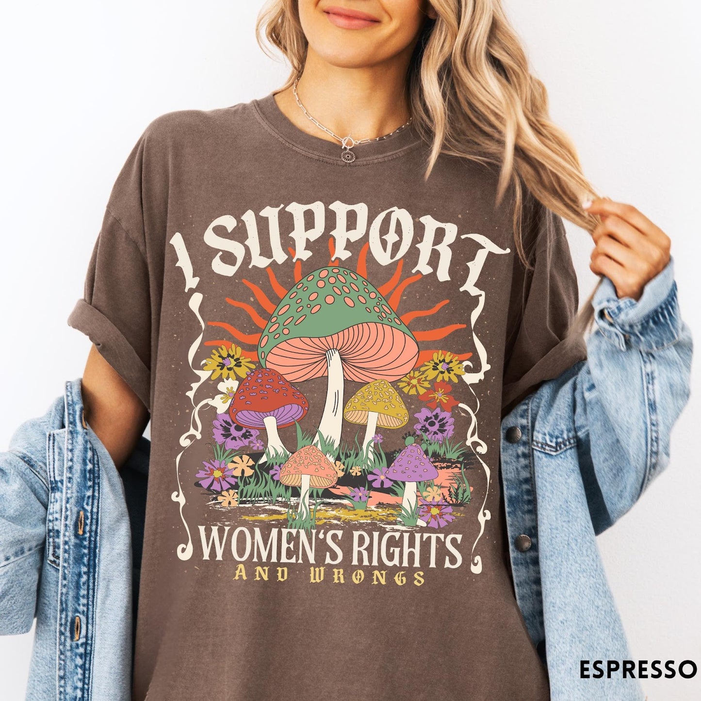 Comfort Colors tee in Espresso featuring retro style graphic with mushrooms, flowers, and sun with inspirational text