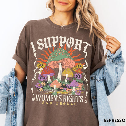 Comfort Colors tee in Espresso featuring retro style graphic with mushrooms, flowers, and sun with inspirational text