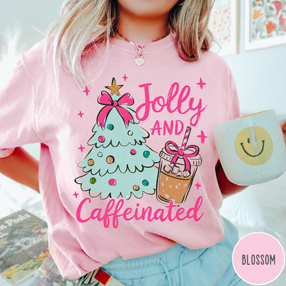 Comfort Colors tee in Blossom featuring festive holiday style with a Christmas tree and iced coffee graphic