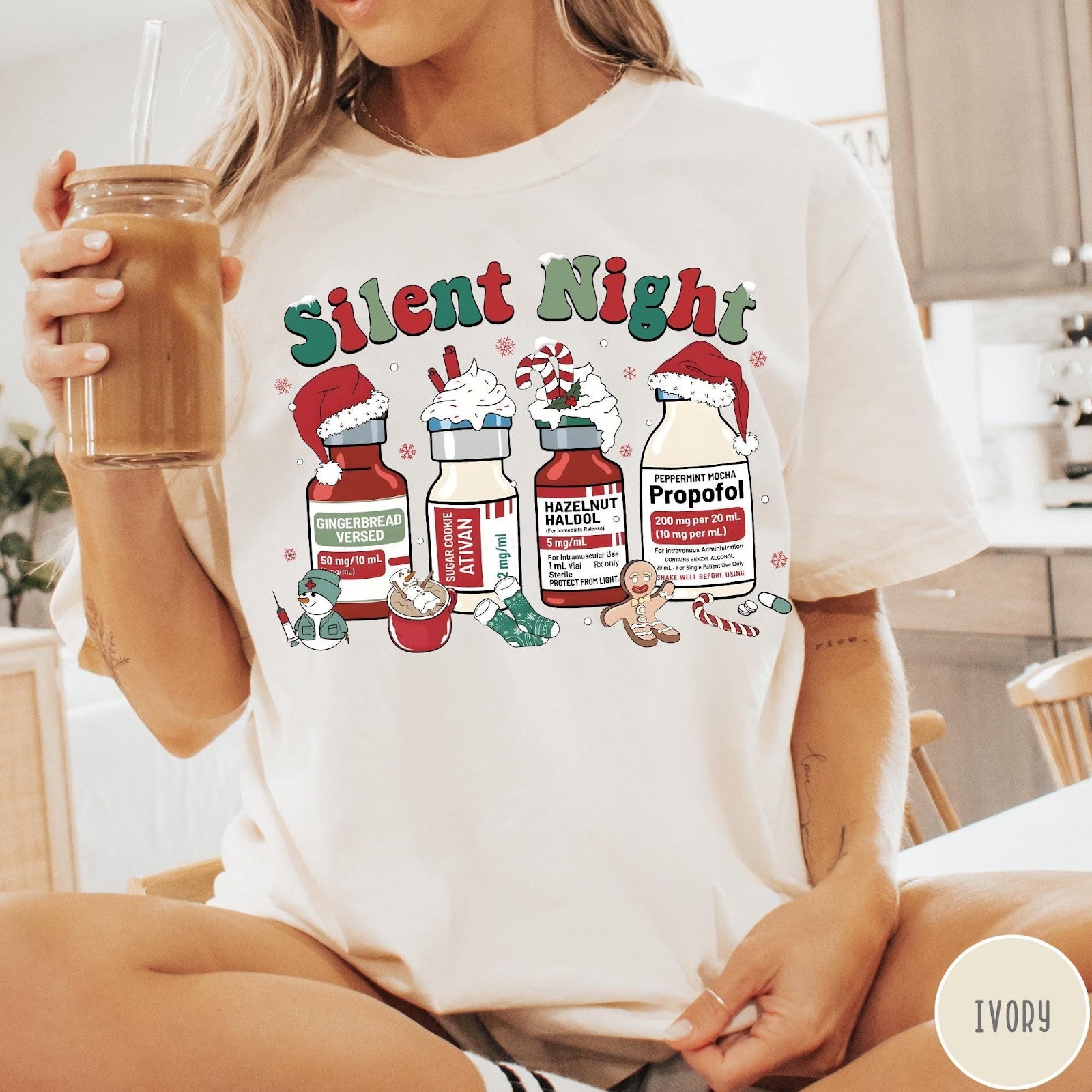 Comfort Colors tee in Ivory featuring holiday graphic with medical vials styled as festive holiday treats