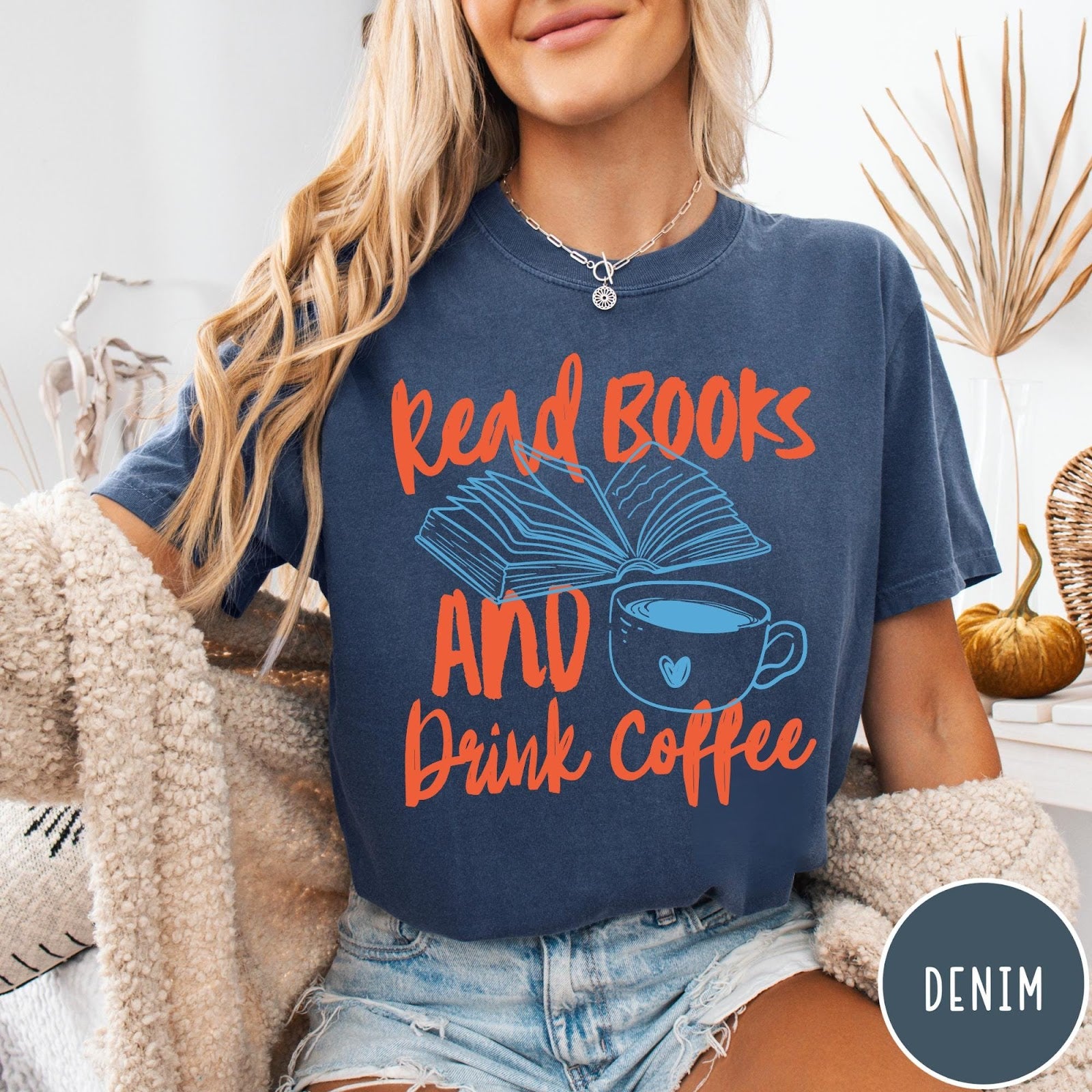 Comfort Colors tee in Denim featuring books and coffee graphic design with open book and coffee cup