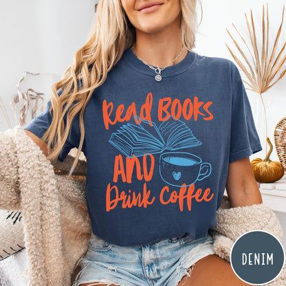 Comfort Colors tee in Denim featuring books and coffee graphic design with open book and coffee cup