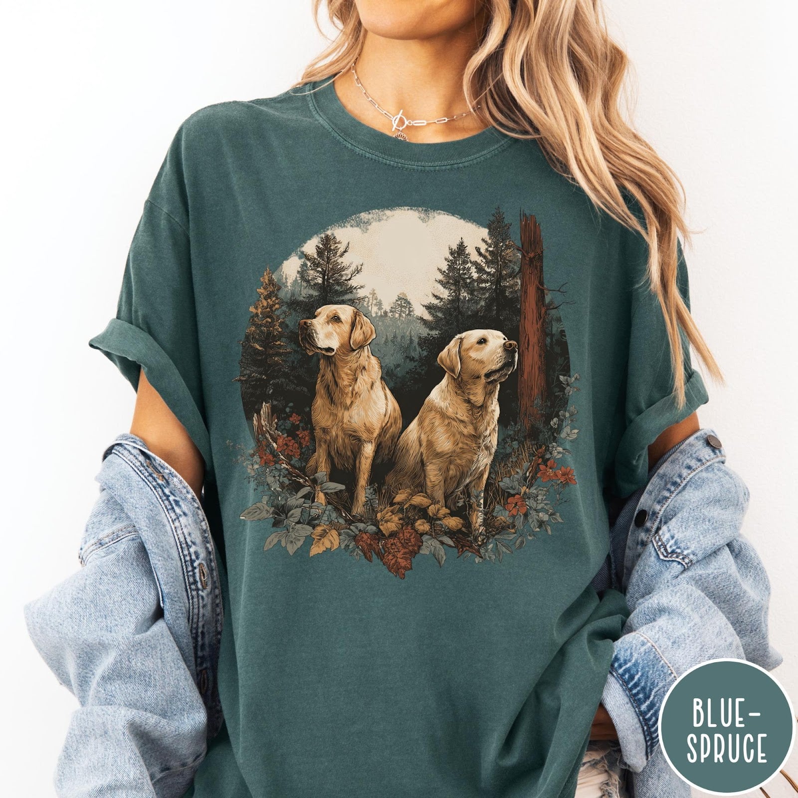 Comfort Colors tee in Blue Spruce featuring vintage style graphic of two golden labrador dogs in forest