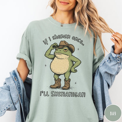 Comfort Colors tee in Bay featuring western style graphic of a frog wearing a cowboy hat and boots