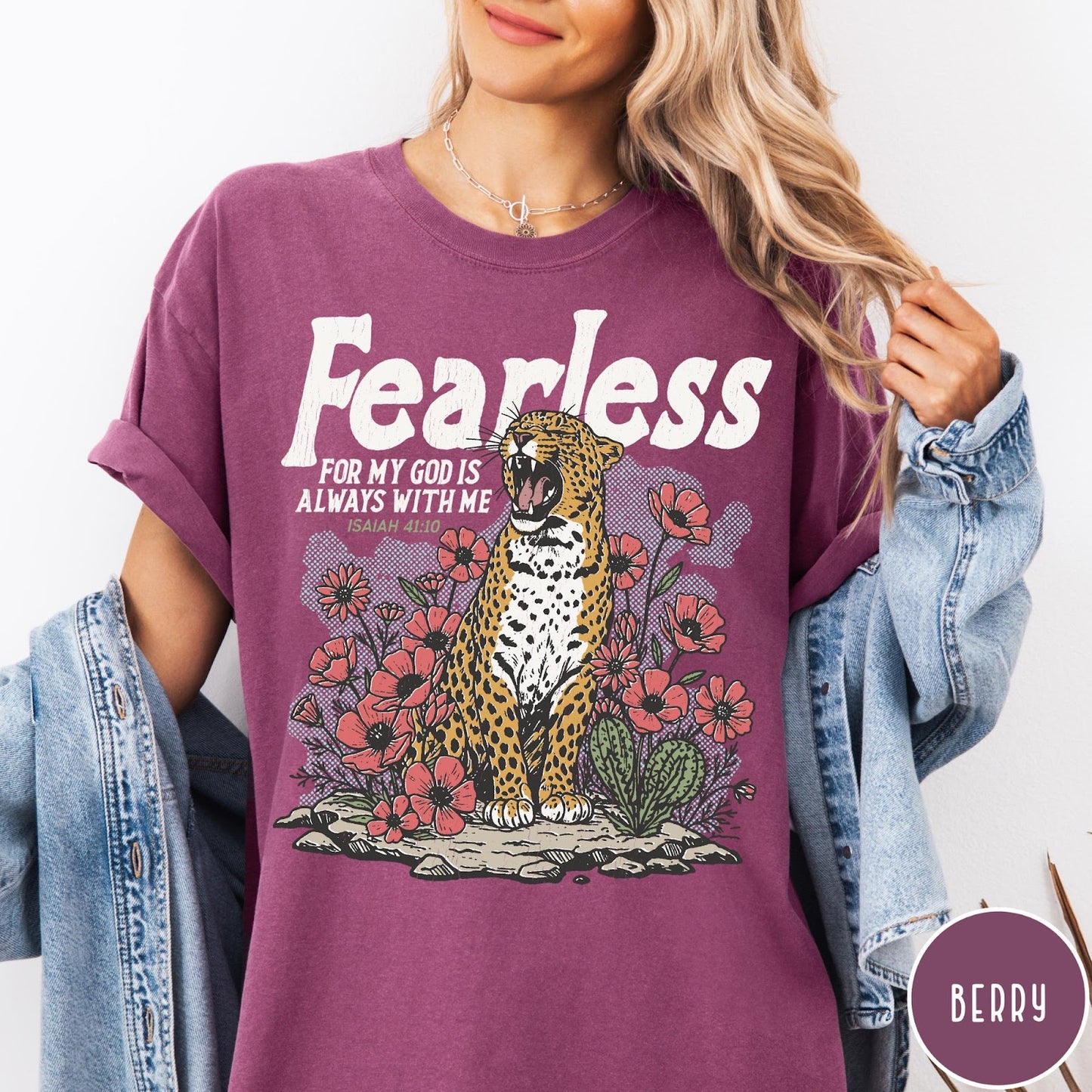 Comfort Colors tee in Berry featuring leopard and flowers graphic with Fearless Bible verse Isaiah 41:10 text