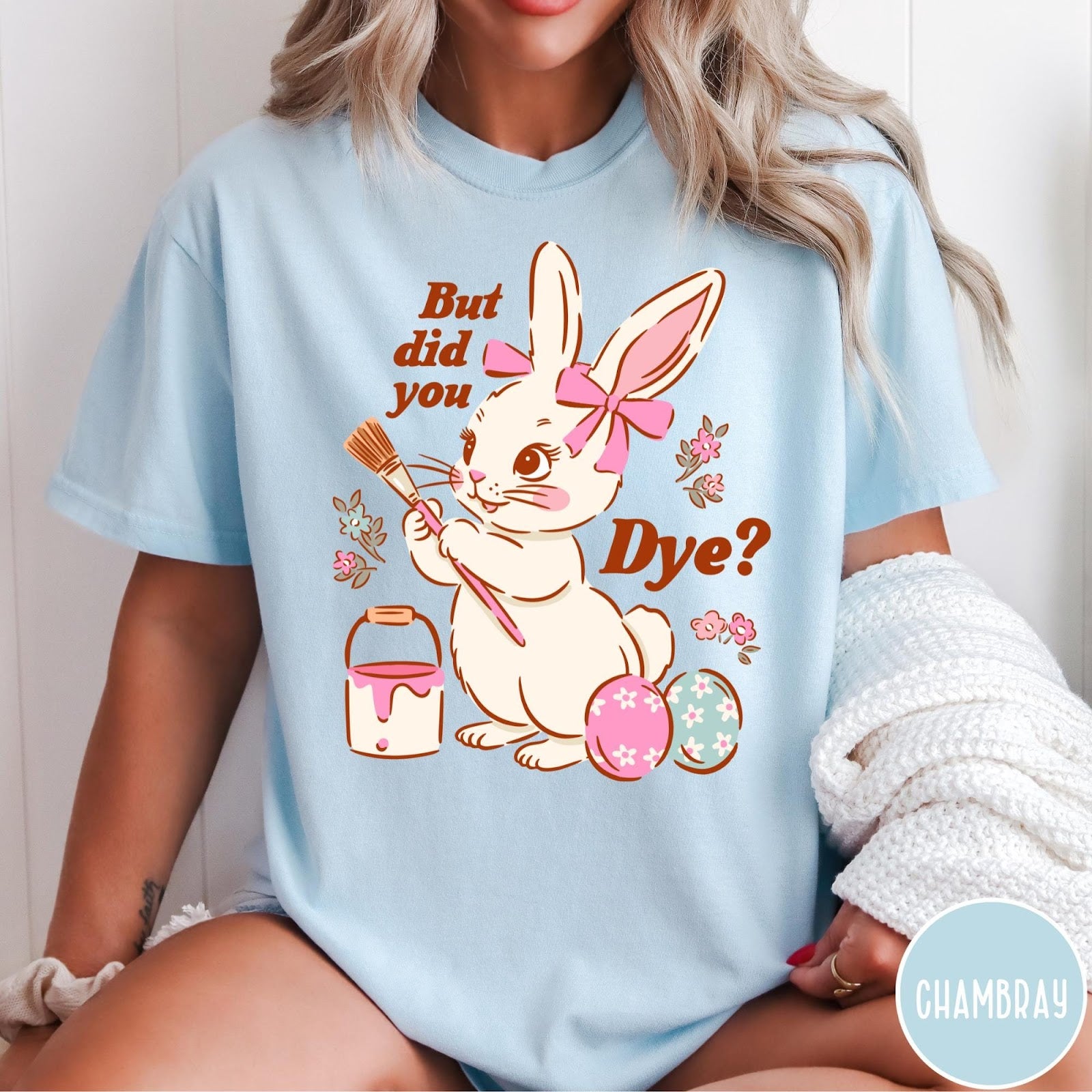 Comfort Colors tee in Chambray featuring cute Easter bunny graphic with paintbrush and painted Easter eggs.