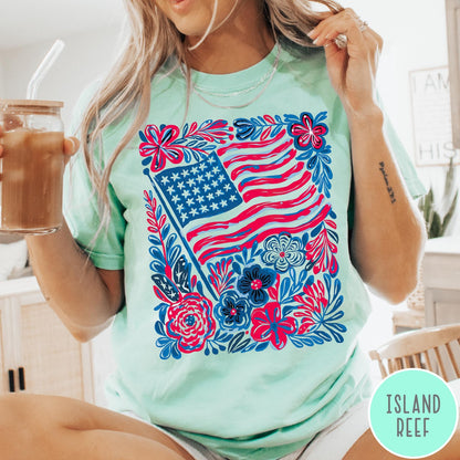 Comfort Colors tee in Island Reef featuring boho style American flag and floral graphic design