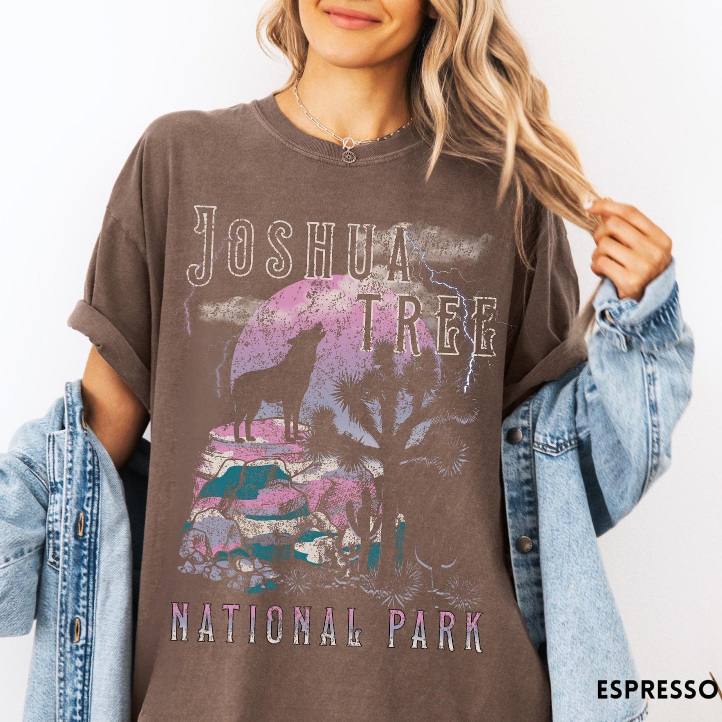Comfort Colors tee in Espresso featuring vintage style graphic of a howling wolf at Joshua Tree National Park