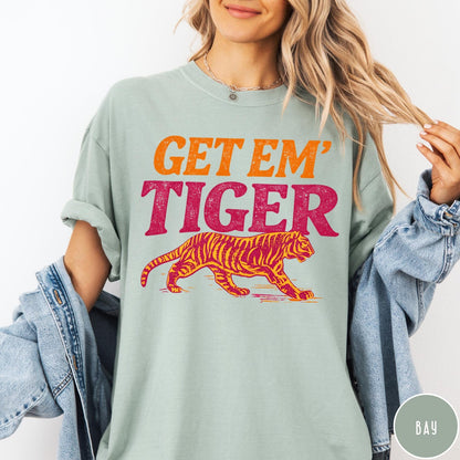 Comfort Colors tee in Bay featuring vintage style graphic with Get Em Tiger text and tiger illustration
