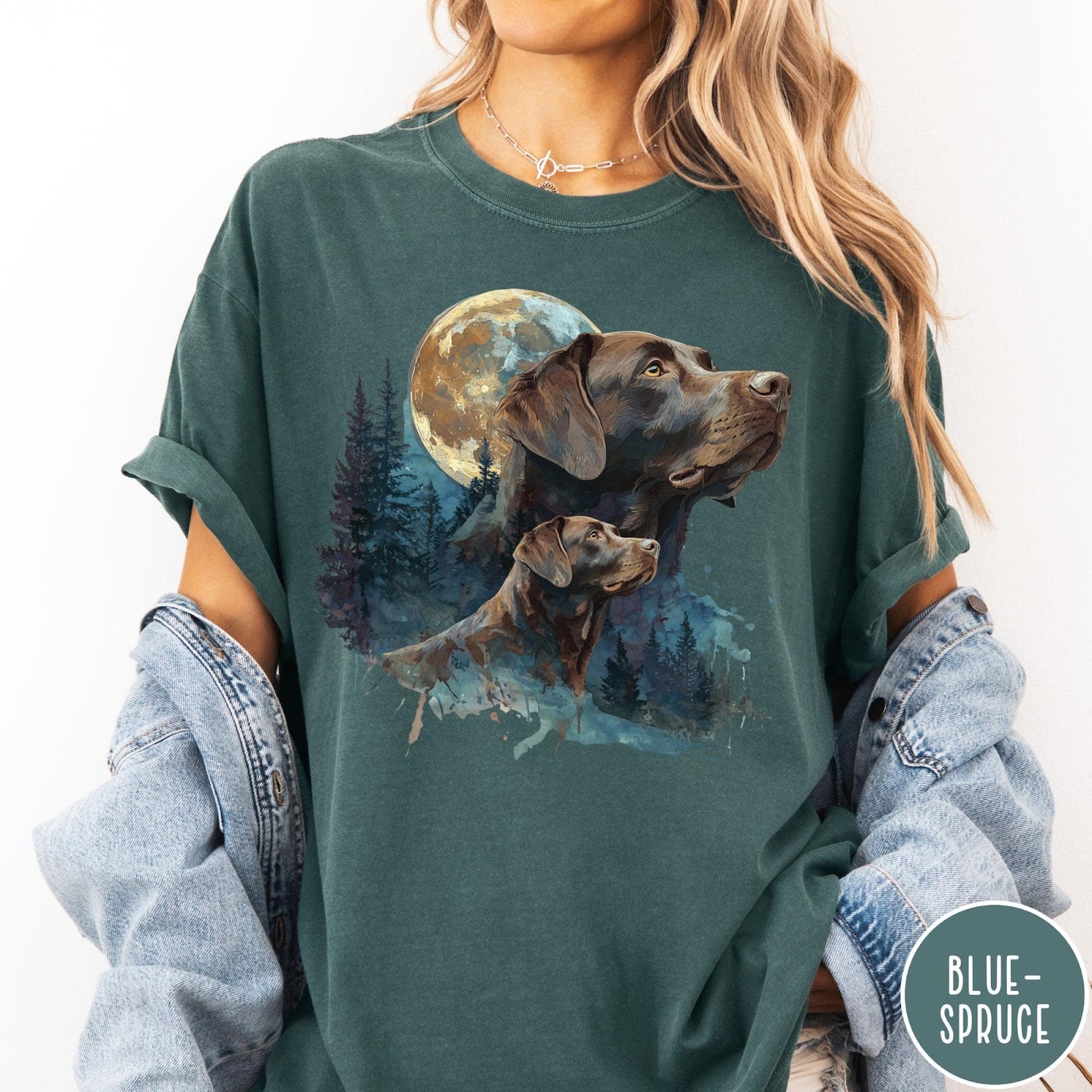 Comfort Colors tee in Blue Spruce featuring vintage style graphic of two Chocolate Labradors under a full moon