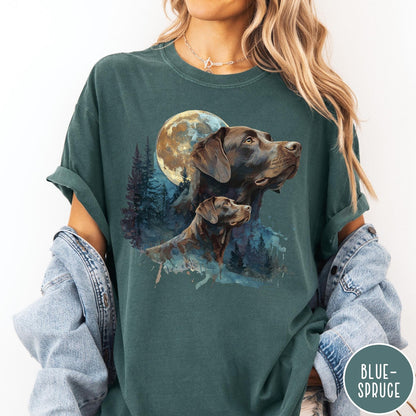 Comfort Colors tee in Blue Spruce featuring vintage style graphic of two Chocolate Labradors under a full moon