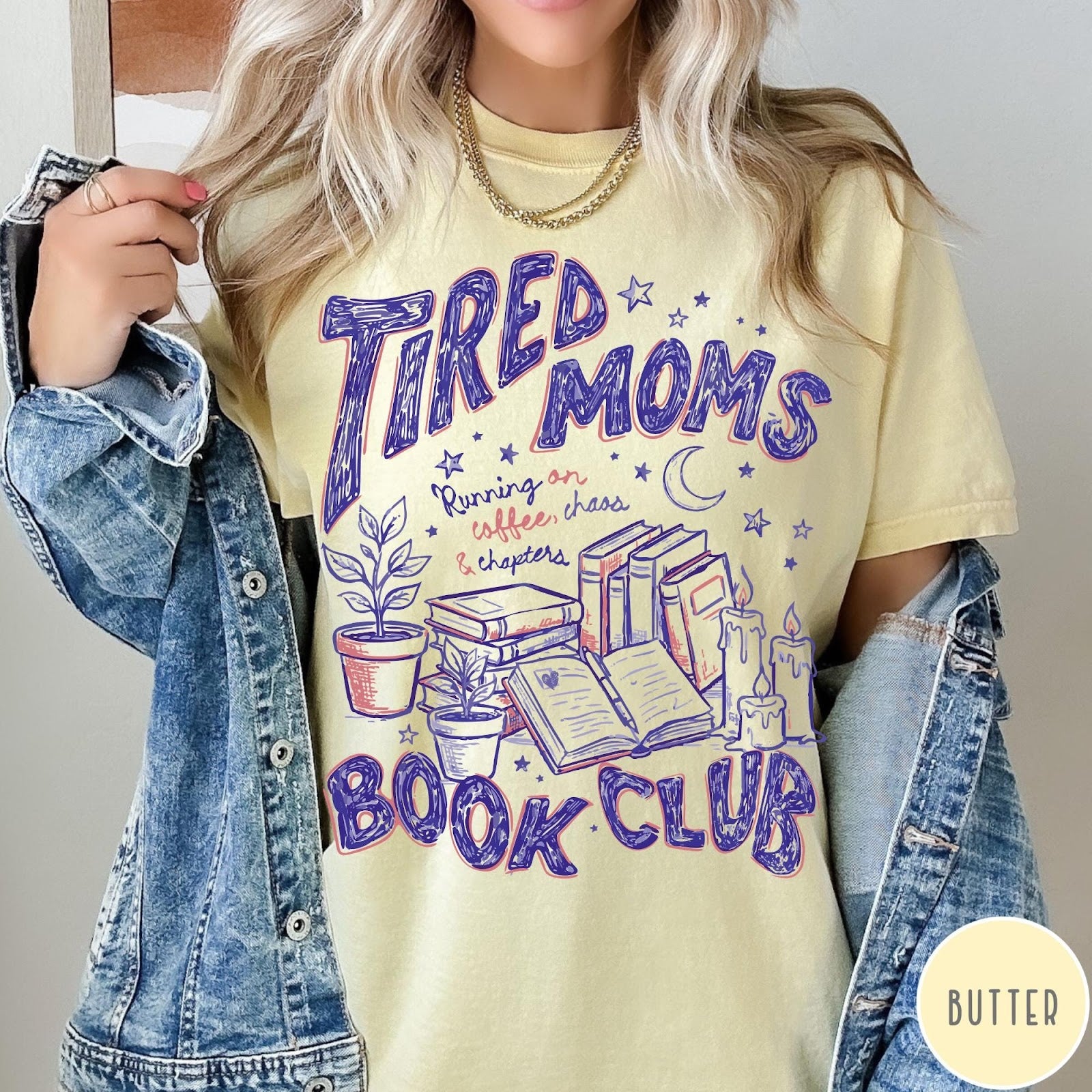 Comfort Colors tee in Butter featuring book club graphic with plants, candles, and reading related text