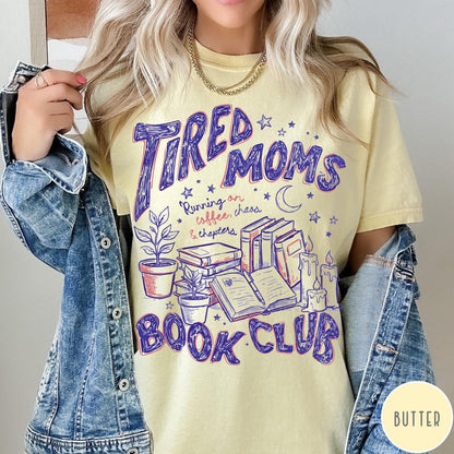Comfort Colors tee in Butter featuring book club graphic with plants, candles, and reading related text