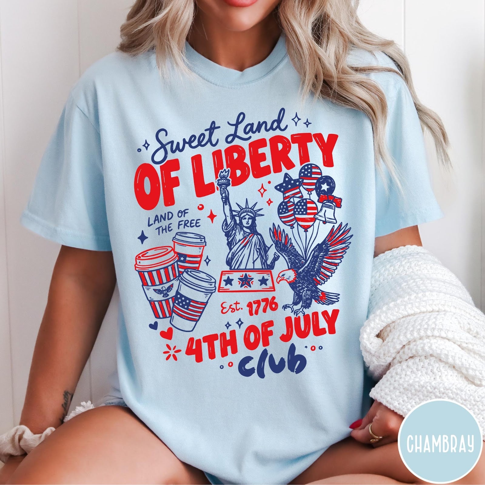 Comfort Colors tee in Chambray featuring 4th of July celebration graphic with Statue of Liberty and eagle