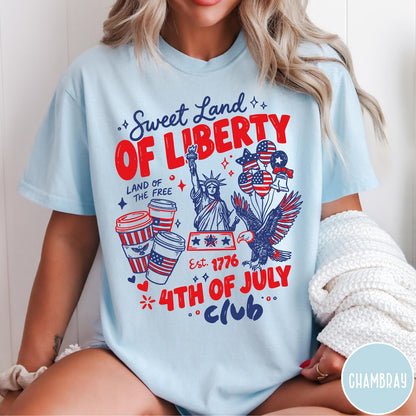 Comfort Colors tee in Chambray featuring 4th of July celebration graphic with Statue of Liberty and eagle